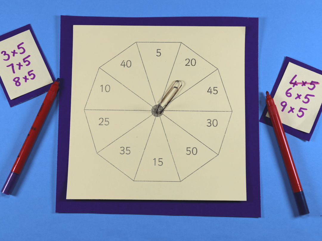 let's play a five times tables game with a five to fifty spinner