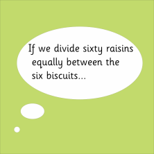 if we divide sixty raisins equally between six biscuits, in speech bubble for multiplication activity
