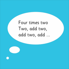 four times two, two add, two add...,in speech bubble for two times table games